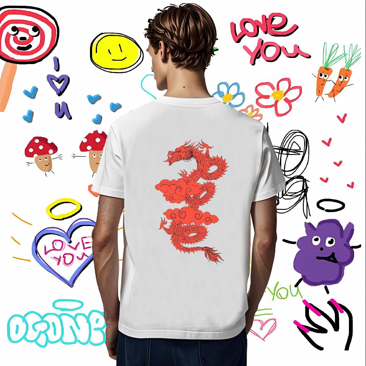 T-Shirts 100% Cotton 230g dragon Beach Crew Neck DIY Men Tops Tees Fashion Loose Fit Tees Shirts