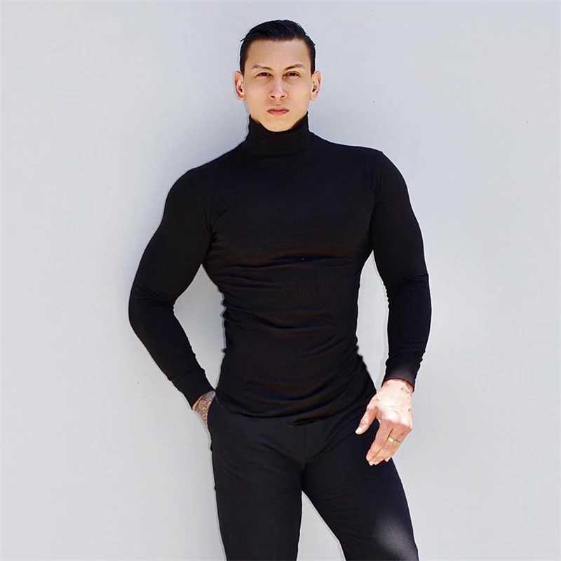Autumn New Turtleneck T Shirts Men Knitting Shirt Slim Fit Fitness Elastic Clothes Long Sleeve T-Shirt Casual High Neck TopsXJ240819