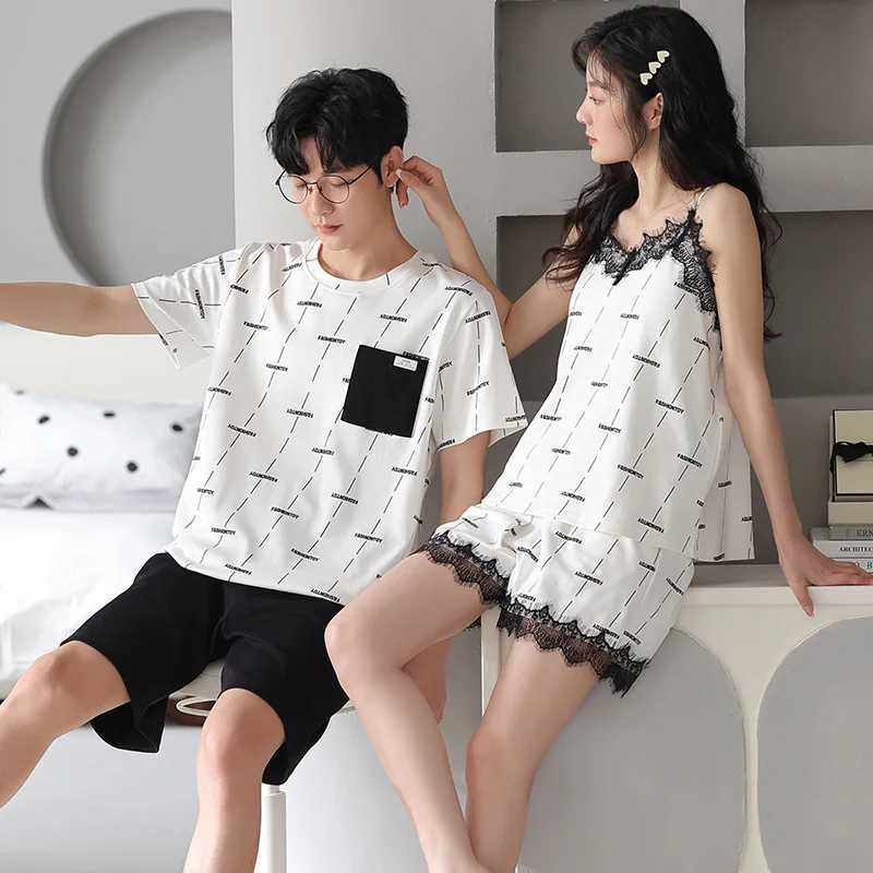 Summer sleepwear mens knitted cotton sleepwear set Korean sweet sleepwear womens sexy sleepwear family clothingW240719