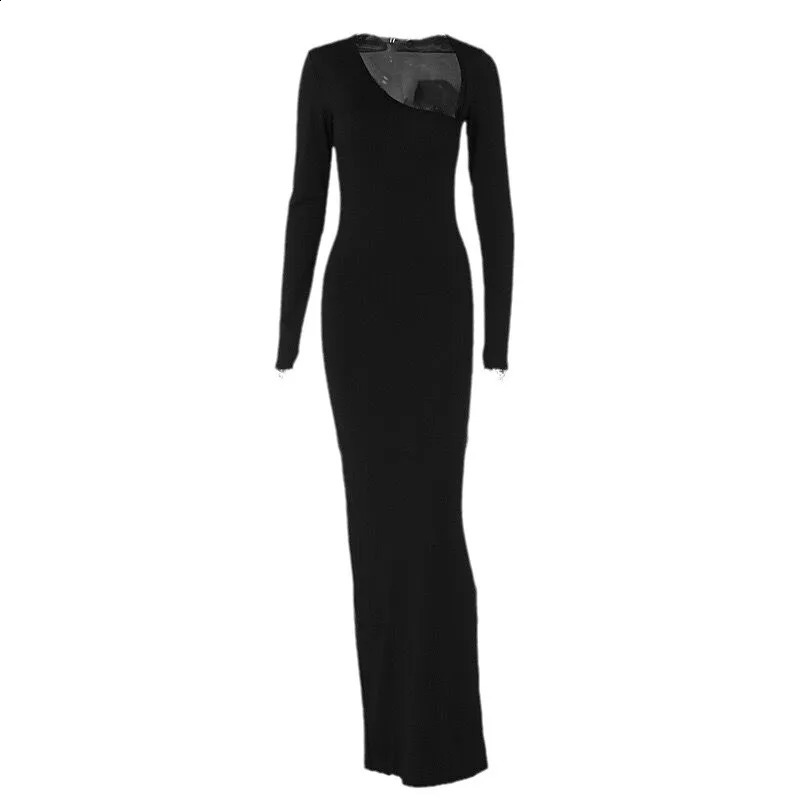 Sexy Black Evening Party Dress Women Elegant Fall Winter Outfits Asymmetrical Long Sleeve Slit Maxi Dresses 809 240819