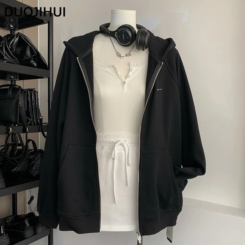 DUOJIHUI Black Chic Hooded Basic Loose Female Hoodies American Fashion Print Simple Casual Solid Color Long Sleeve Women Hoodies 240819