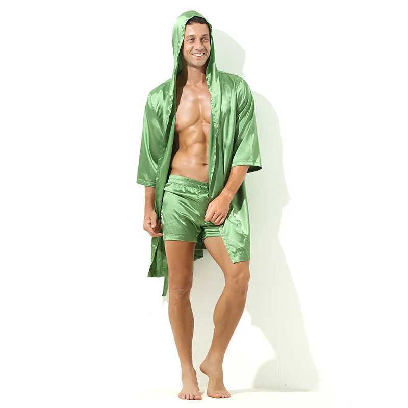 Mens hooded sweatshirt silk satin kimono pajamas half sleeved bathroom gown evening gown mens loose night gown casual wear thin underwearW240719