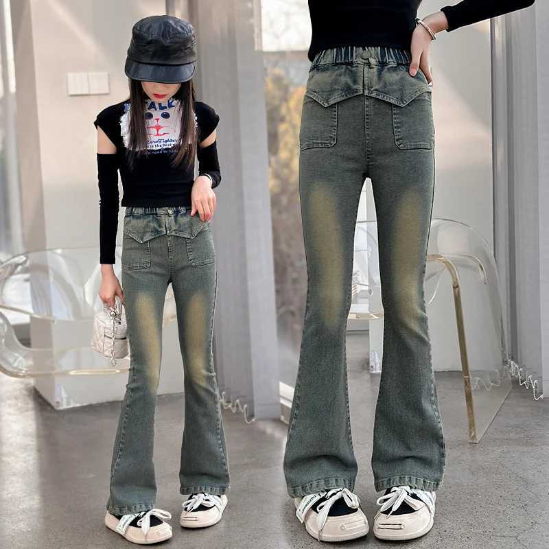 Girls retro triangle denim belly pants suitable for girls older children and children aged 5-14 with elastic belly pantsW240819