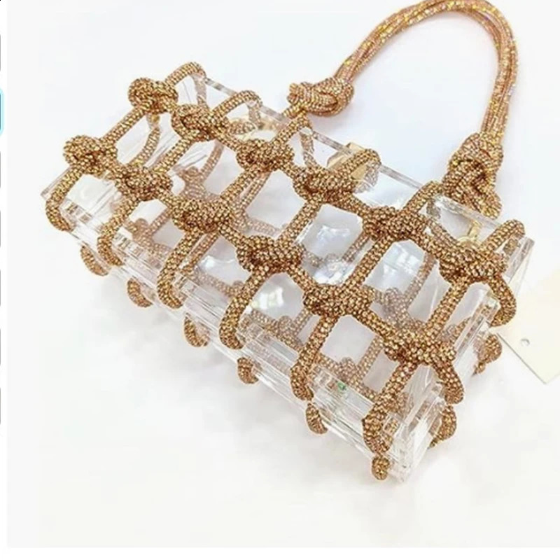 DHXJ Dia Clear Acrylic Box Evening Clutch Bags Women Boutique Woven Knotted Rope Rhinestone Purses And Handbags Wedding Party 240819