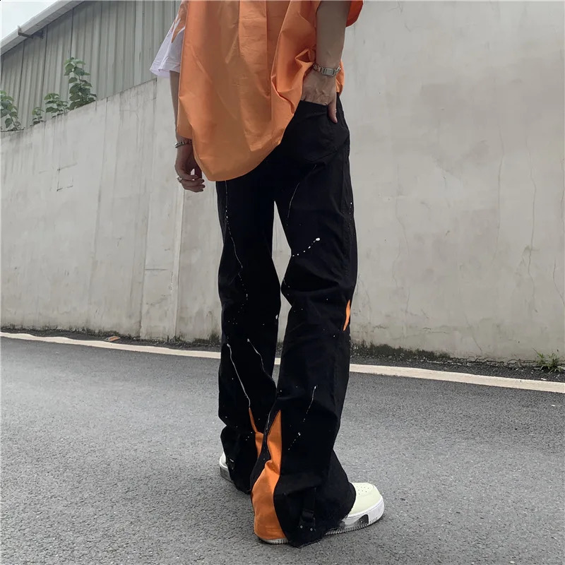 ICCLEK High Street Loose Jeans Zipper Slit Flared Pants Mens Pants Casual Black Denim Pants Stacked Jeans Men Jeans Pants 240819