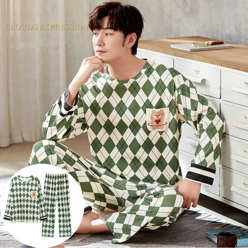 Autumn and Winter Mens Cotton Sleepwear Letter Striped Sleepwear Cartoon Sleepwear Set Casual Sleep and Lounge Sleepwear Plus Size 4XL SleepwearW24071