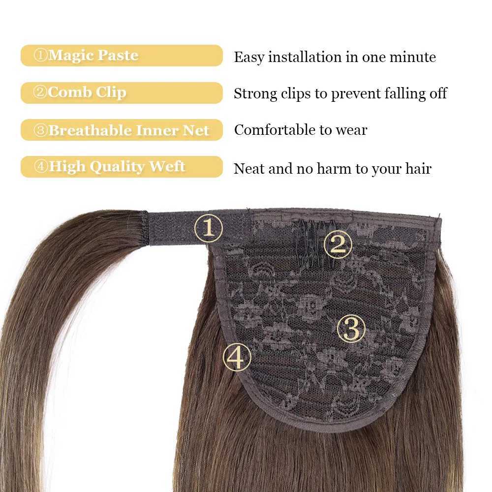 Clip style ponytail wrapped around a ponytail extending straight hair ponytail extension with magic paste W240817
