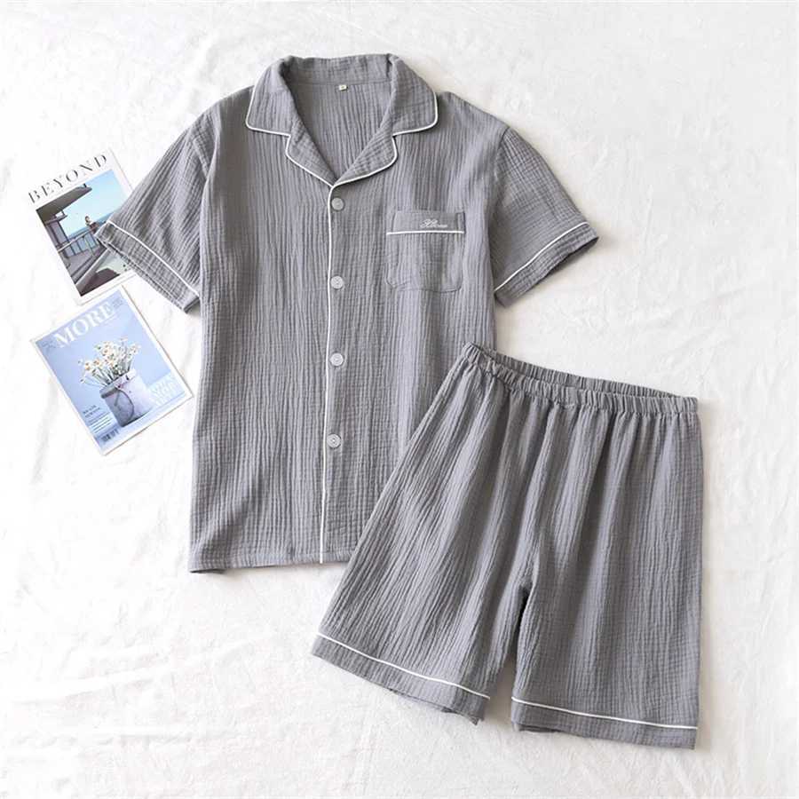 2024 New Summer Mens Pajama Set Cotton Crepe Gauze Solid Color Simple Short Sleeve Shirt Pajama Mens Casual WearW240719