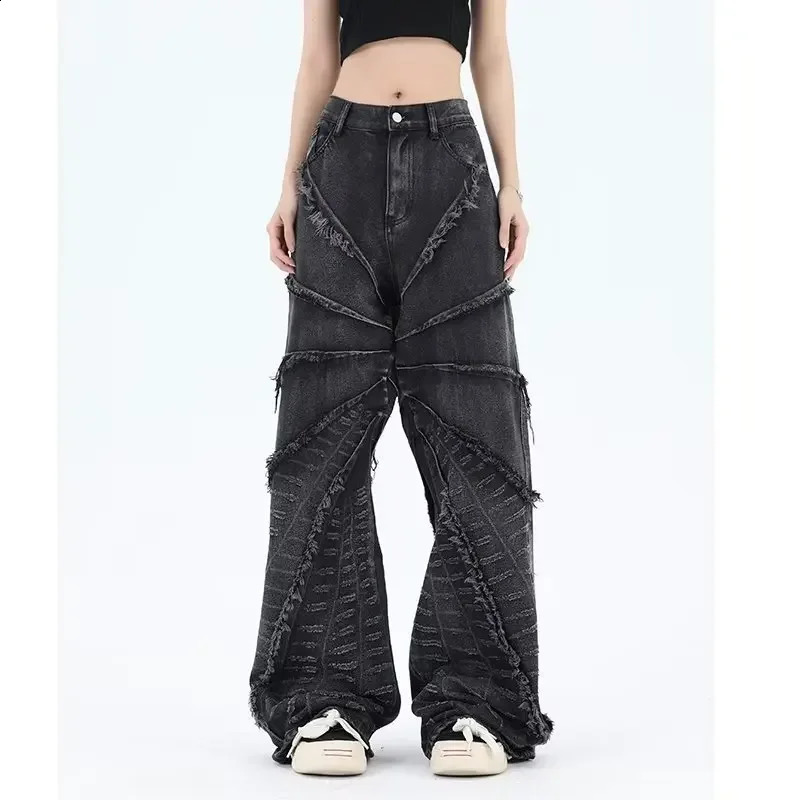 American Style High Street Fringe Jeans For Men Women Loose Fit Destructive Spider Web Casual Fashion Trousers 240814