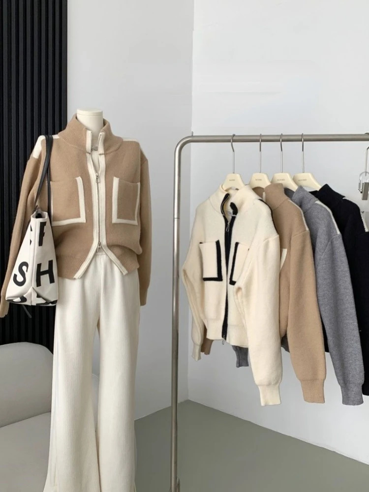 Y2k elegant casual knitted chic jumper double zipper pocket gentle cardigan womens loose stand up collar sweater Japan 240819