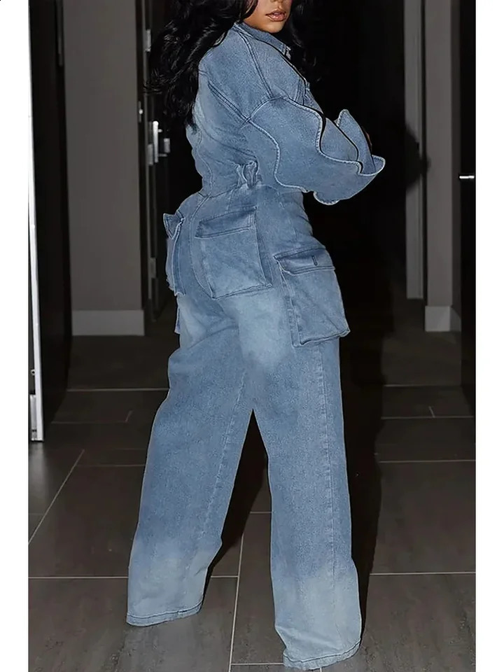 Plus Size Women Jeans Jumpsuit Lantern Sleeve Turn Down Collar Retro Button Pockets Spring Streetwear Rompers Fashion Outfits 240819