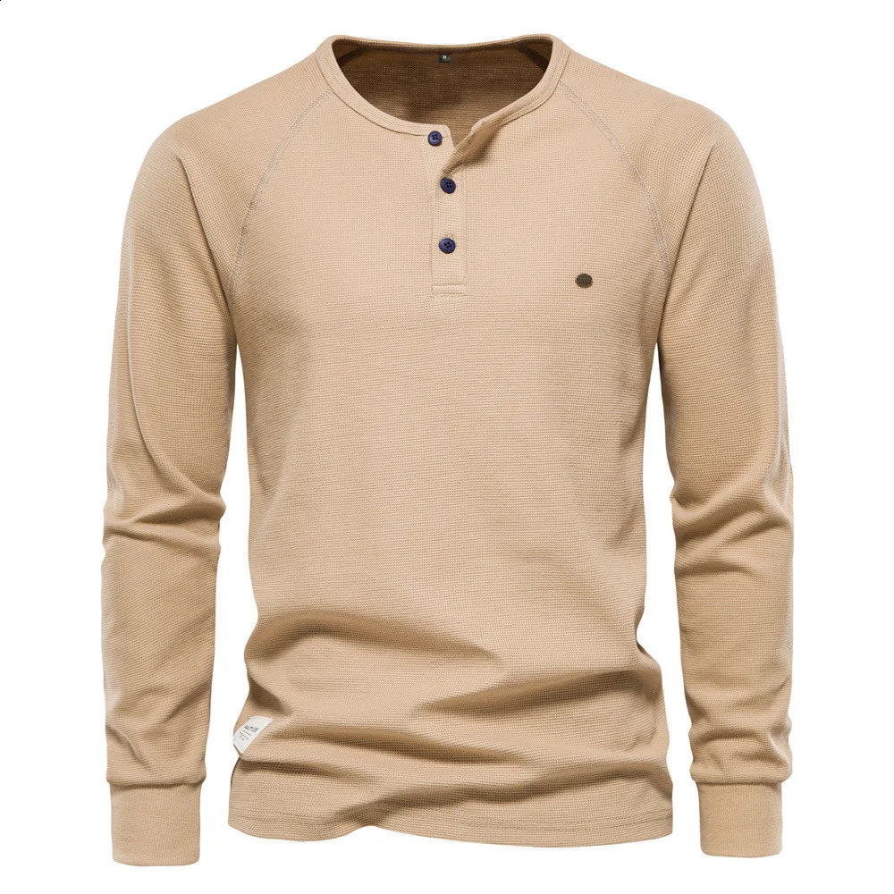 Spring Autumn Waffle Henley T-Shirt Men Long Sleeve Breathable Mens Tops Tee Shirts Solid Color Pullover T Shirt For Men 240820