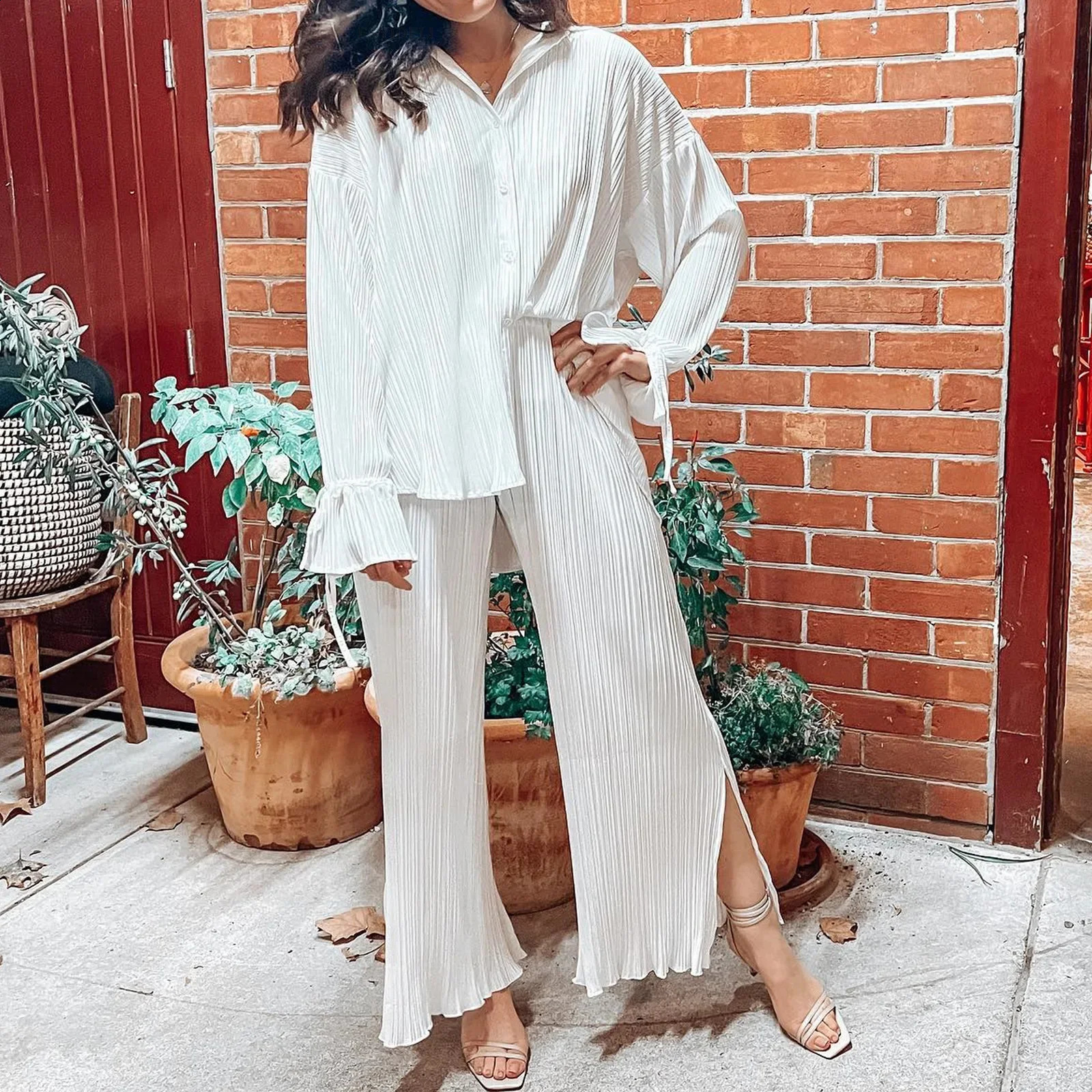 Womens Spring and Summer Suit Pleated Shirt Long-sleeved Lapel Cardigan Slit Two-piece Set 240819