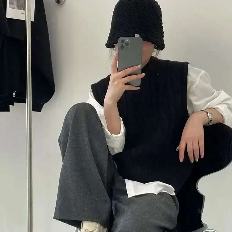 spring autumn knitted vest fried dough twisted womens sweater loose folding sleeveless 240819