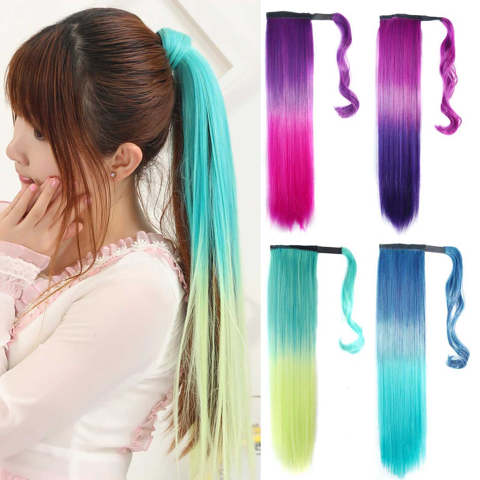 Zolins long straight synthetic ponytail with hair extensions wrapped around the ponytail. Green pink purple. Umbre girls hair W240817