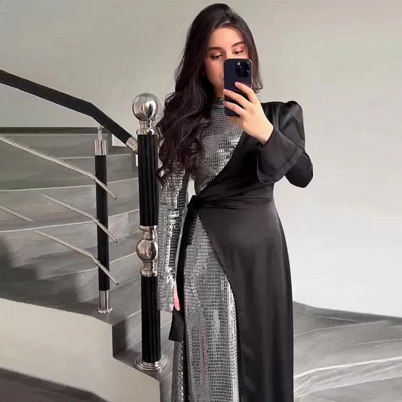 Fashion Sequin Patchwork Dresses For Women Spring Autumn Ladies Slim Solid Long Sleeve Dress Female Evening Party Vestido 240819