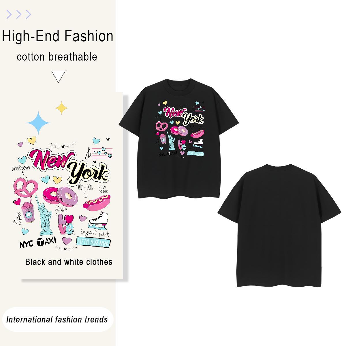 Loose New York 100% Cotton 230g Men Clothes T-Shirt Street O-Neck Short Sleeve T-Shirts for Men 2024 Cartoon Printing L-4XL Clothings