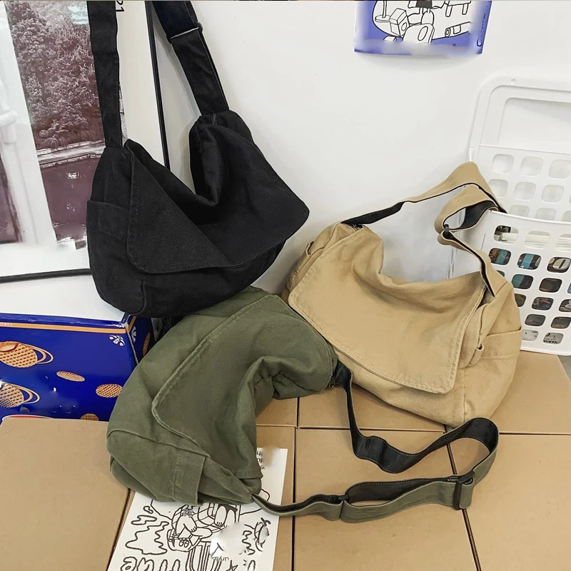 Retro casual washed canvas crossbody bag with universal zipper for men and women large capacity single shoulder messenger bag 240819