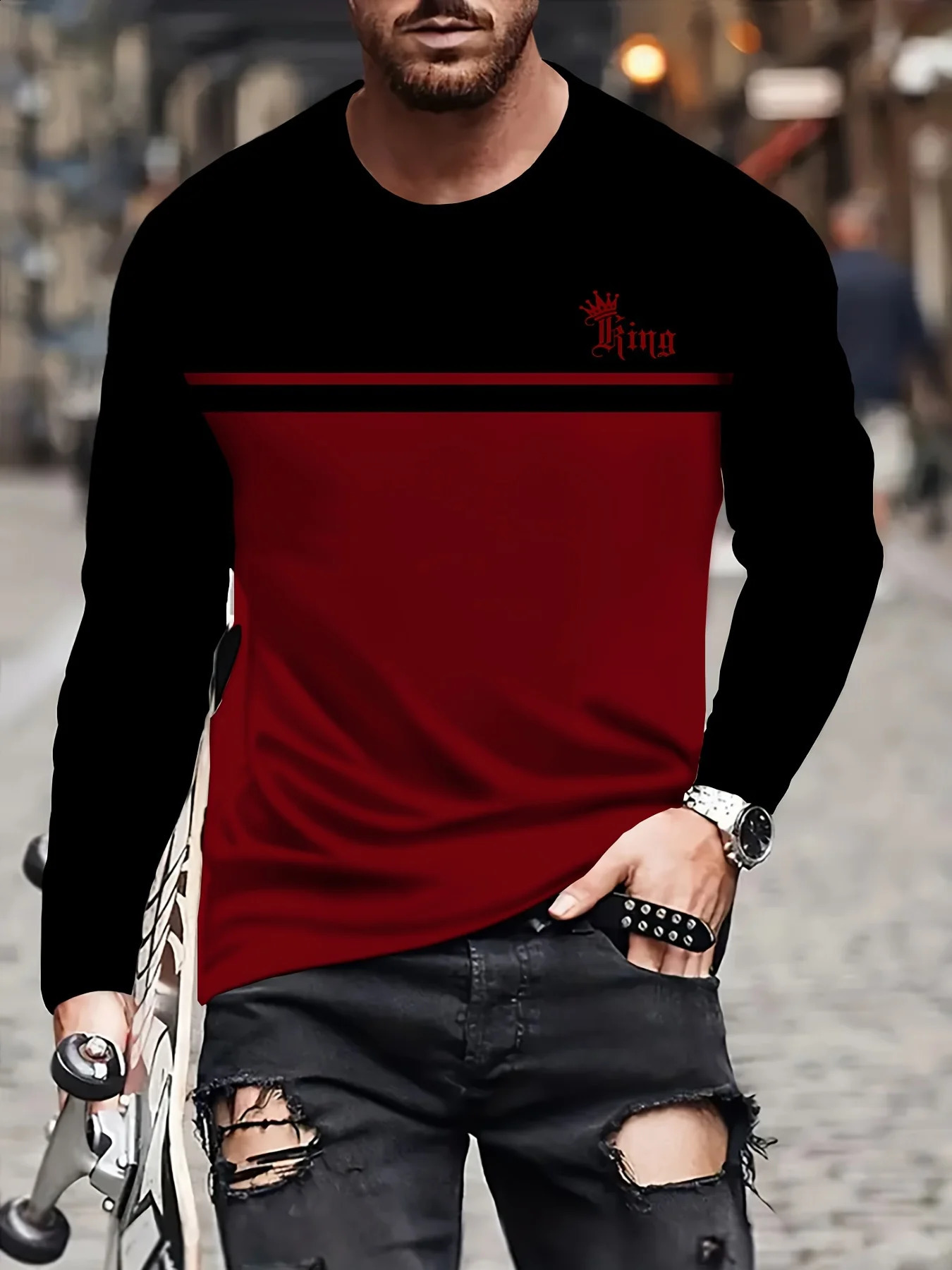 Funny Letter Stripe Print T Shirt For Men Autumn Fashion Loose Cotton Tops Casual O-neck Long Sleeve T-Shirt Mens Clothes Tees 240820