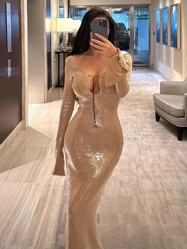 Ladies Lace Up Fishtail Dress Sexy Sequins Backless Nightclub Dresses Long Sleeved Autumn Elegant Mermaid Robe Womens Clothing 240819