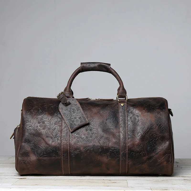 Vintage Embossed Tote High-Capacity Leather For A Short Trip Baotou Leather Belt Shoe Compartment Clothes Duffel Bag Gym Bag CL240820