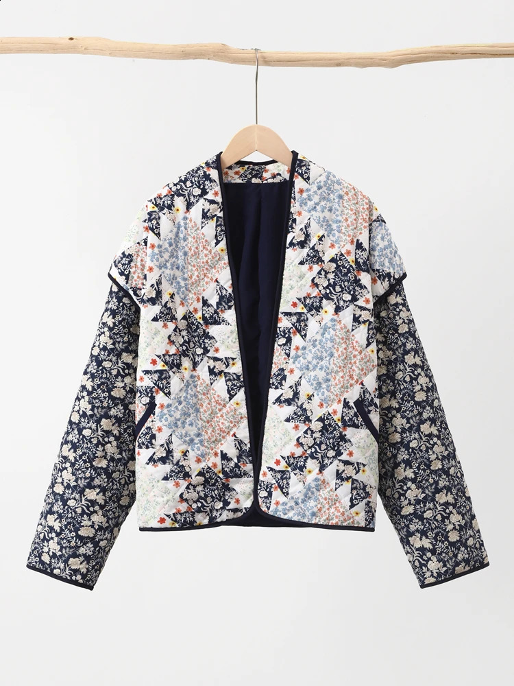 Vintage Long Sleeves Jacket For Women Autumn Cotton Loose Open Warm Printed Geometry Elegant Chic Detachable High Streetwear 240819