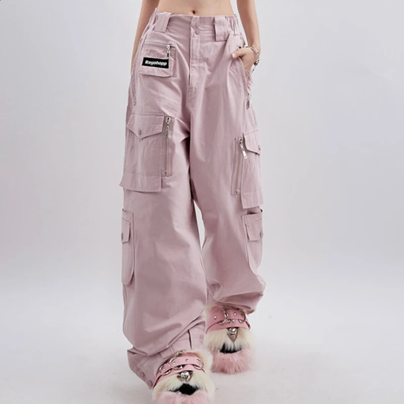 Womens Pink Cargo Vintage Harajuku Y2k Aesthetic Loose Parachute Pants Oversize High Waist Baggy Trousers 2000s Clothes Z260314