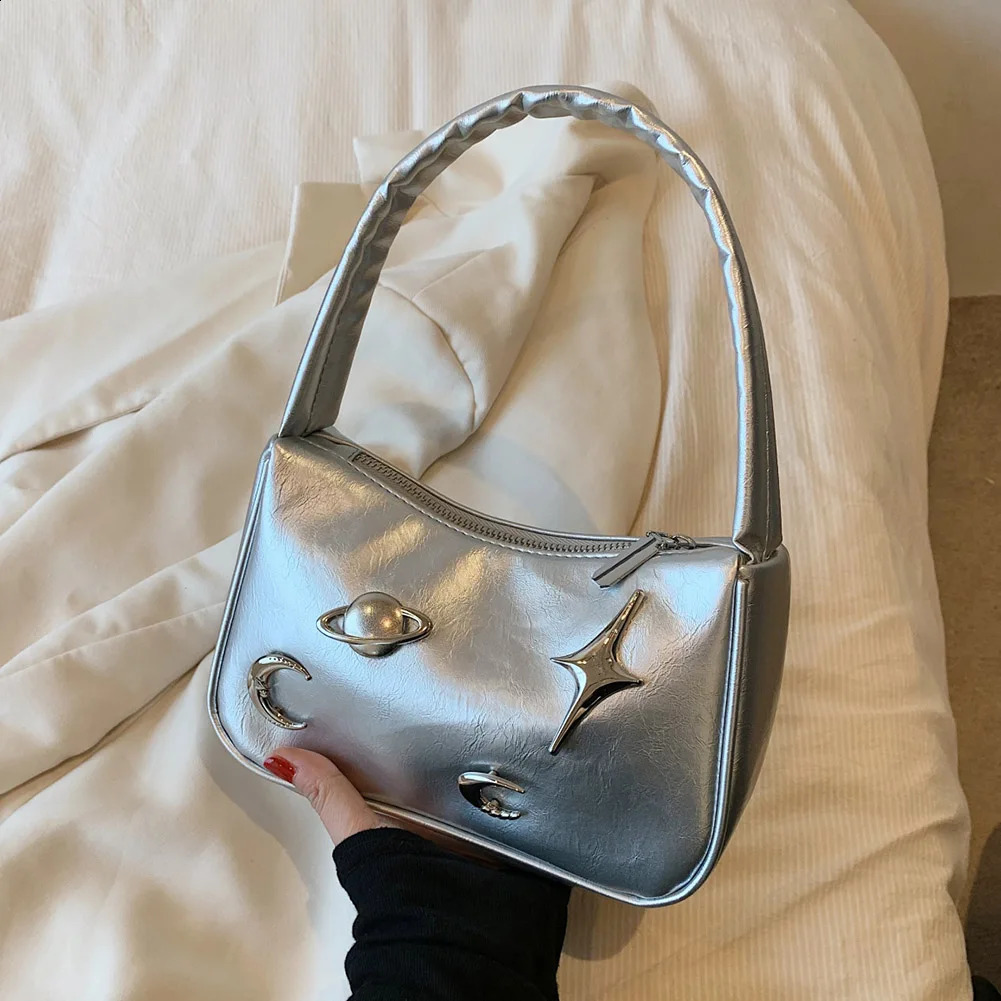 Women Retro Underarm Bag PU Leather Vintage Armpit Bag Moon Earth Star Trendy Underarm Handbag Female Daily Dating Bag 240819