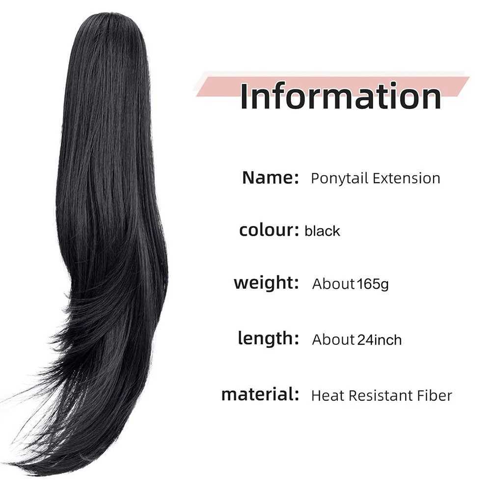 Synthetic wig wave extended ponytail 22 long claw straight hair black hair womens clip for daily party use W240817