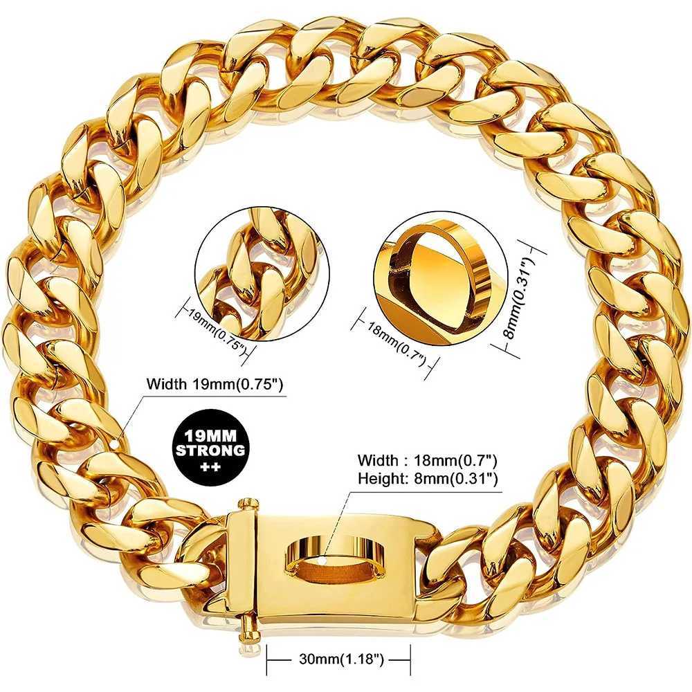 Gold Chain Dog Collar with Secure Snap Buckle 19MM Cuban Link Dog Collar Chew Resistant Heavy Duty Pit Bull Collar for Big Dogs M240820