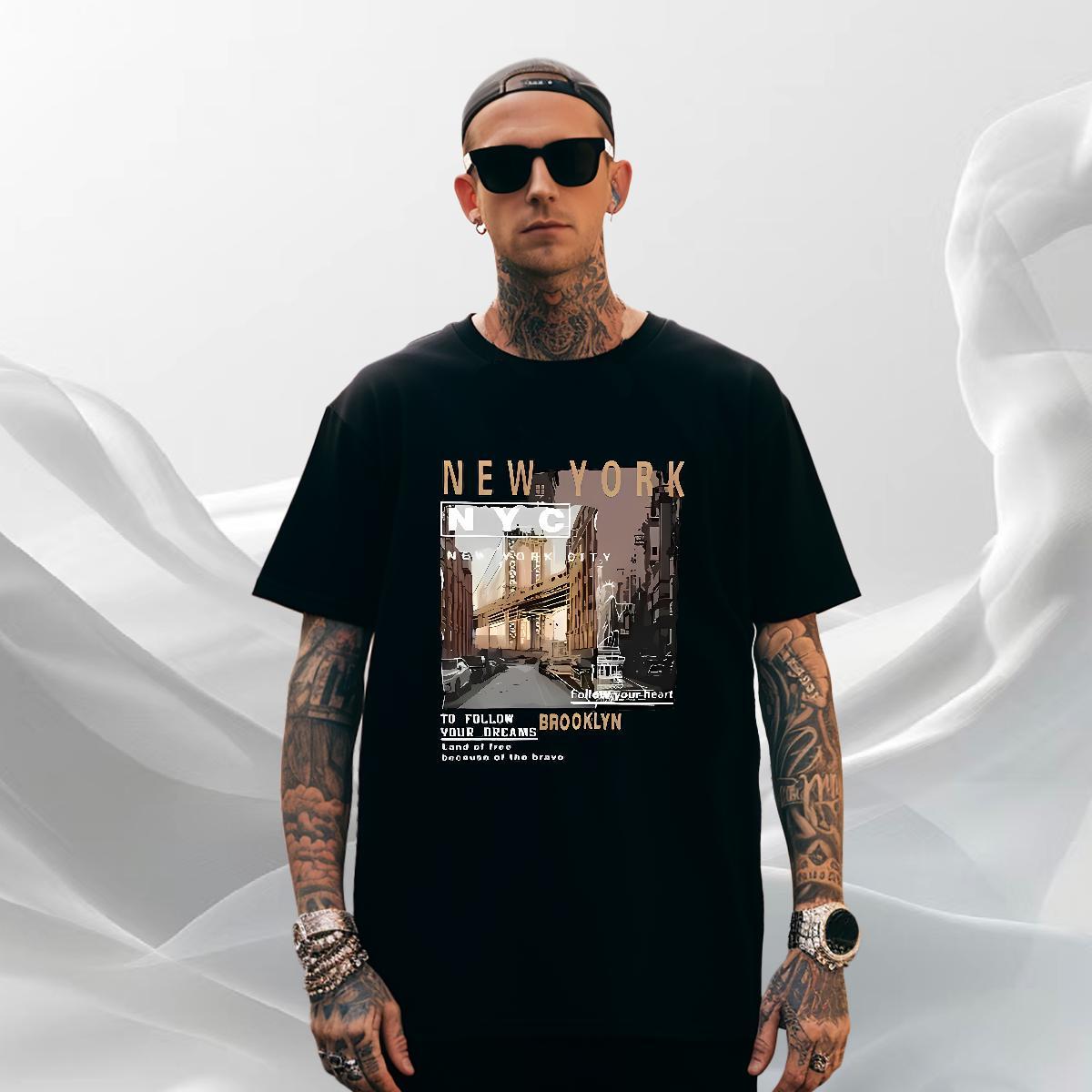 Soft Mens Tshirts Daily Outfit 230g Cotton Floral Print Breathable Short Sleeve New York T shirt Fashion Casual Tops