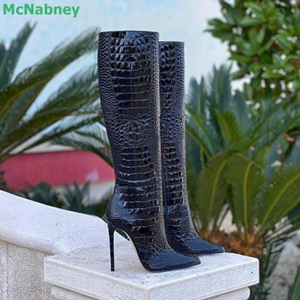 Solid Stone Pattern Pointed Toe Winter Boots For Female Women Thin High Heel Knee-High Slip-On Handmade Elegannt All-Match Shoes 241117