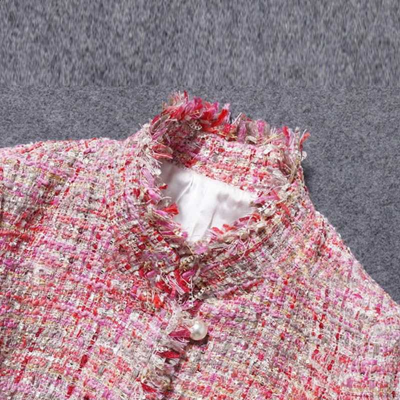 Pink tweed jacket for springautumnwinter womens classic wild wide silk woven 240819