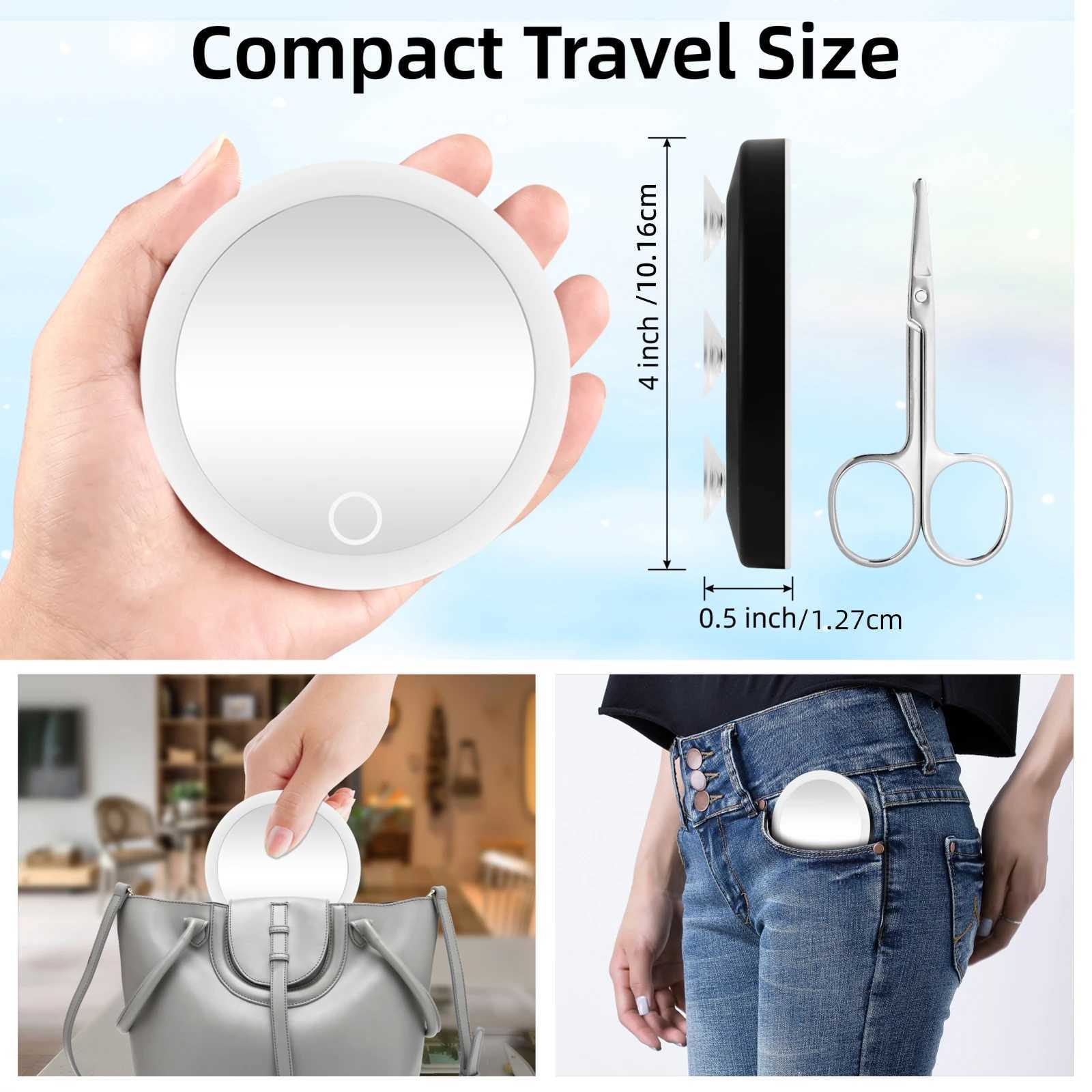 Compact Mirror with Natural LED Light Magnifying Mirror Rechargeable Lighted Travel Makeup Mirror 4 with 3 Suction Cups Y240819