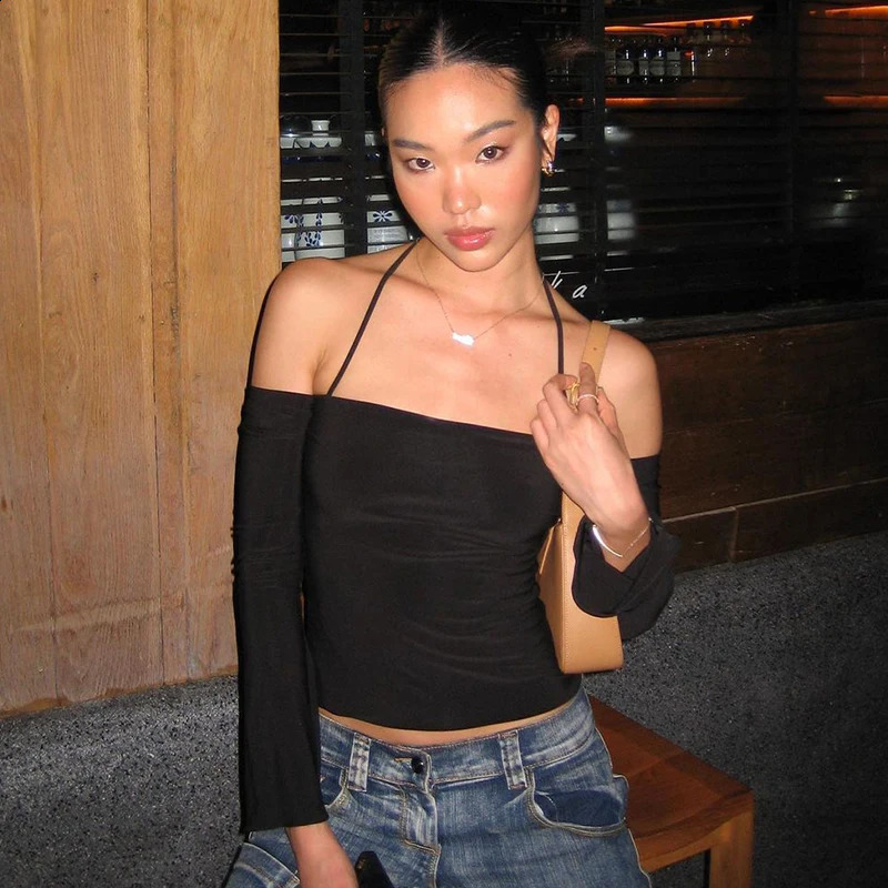 Lygens Halter Solid Slim Off The Shoulder WomenS Tops Camis Tshirts Y2K Streetwear Wholesale Party Club Casual Korean Clothes 240819