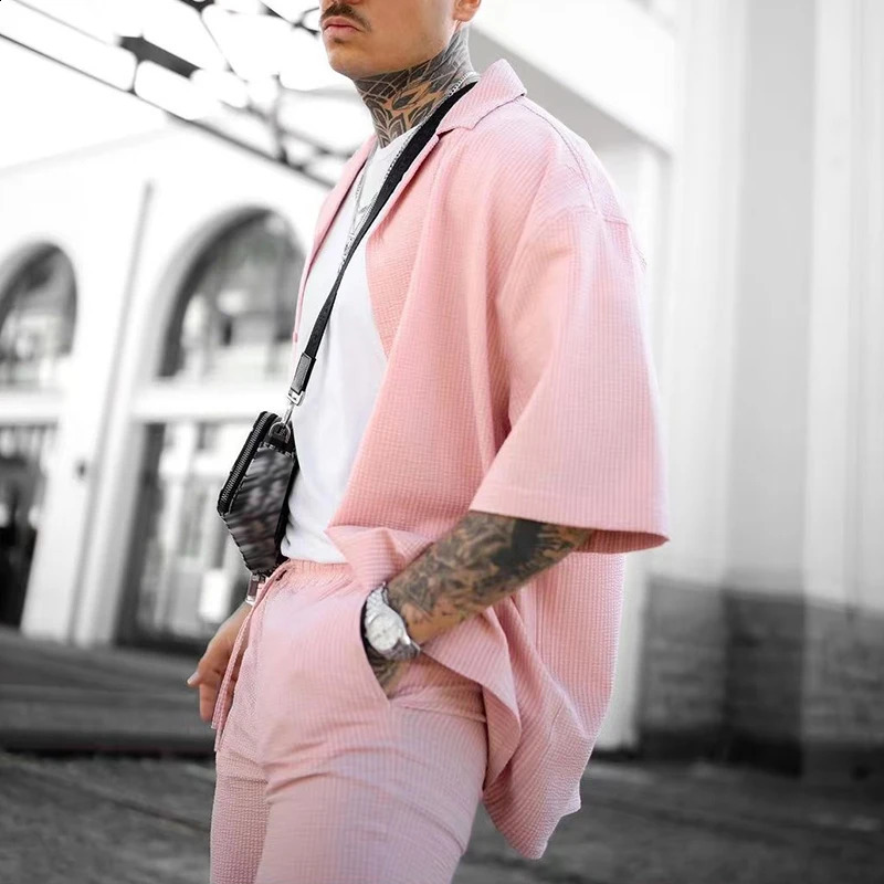 Summer Mens Hip Hop Outfits Short Sleeve Lapel Cardigans And Solid Color Pants Two Piece Suits Men Streetwear Fashion Pink Sets 240819