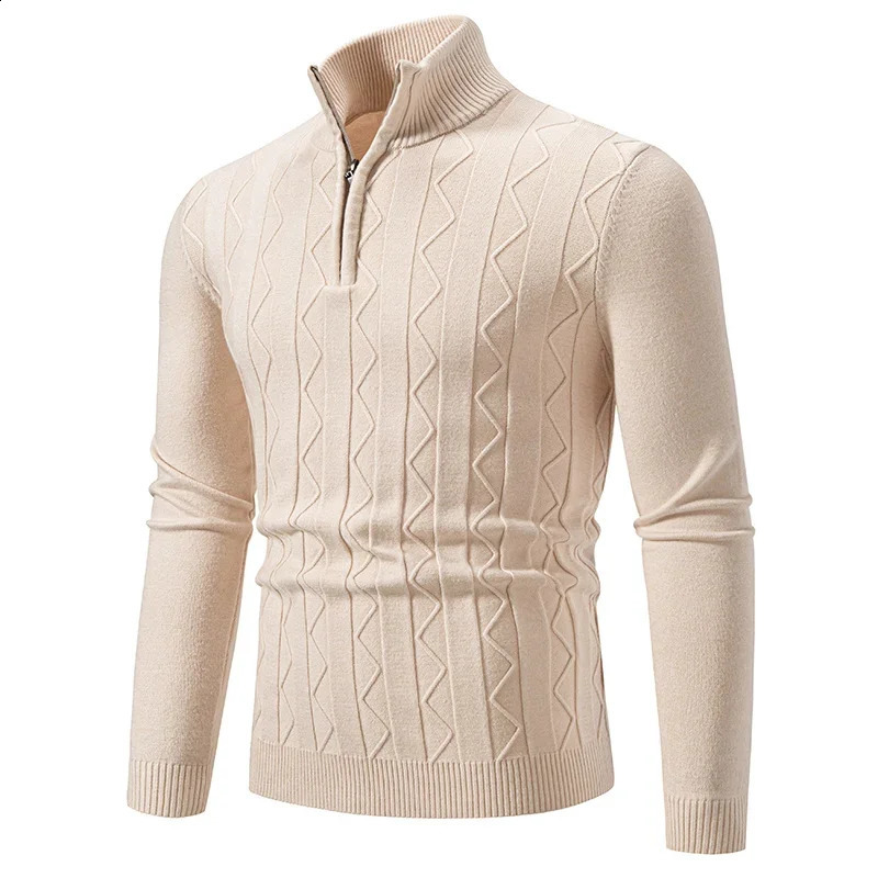 Knitted Sweater Mens Solid Color Warm Zipper Collar Fashionable Ultra Thin Fit Micro Elastic Pulling Sea Turtle Neck Harajuku 240819