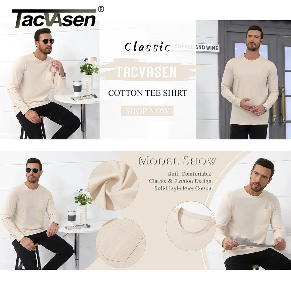 TACVASEN Long Sleeve Cotton T-shirts Mens Chest Pocket Casual T-shirt Moisture Wicking Crew Neck Basic Tee Tops Male Pullover 240820