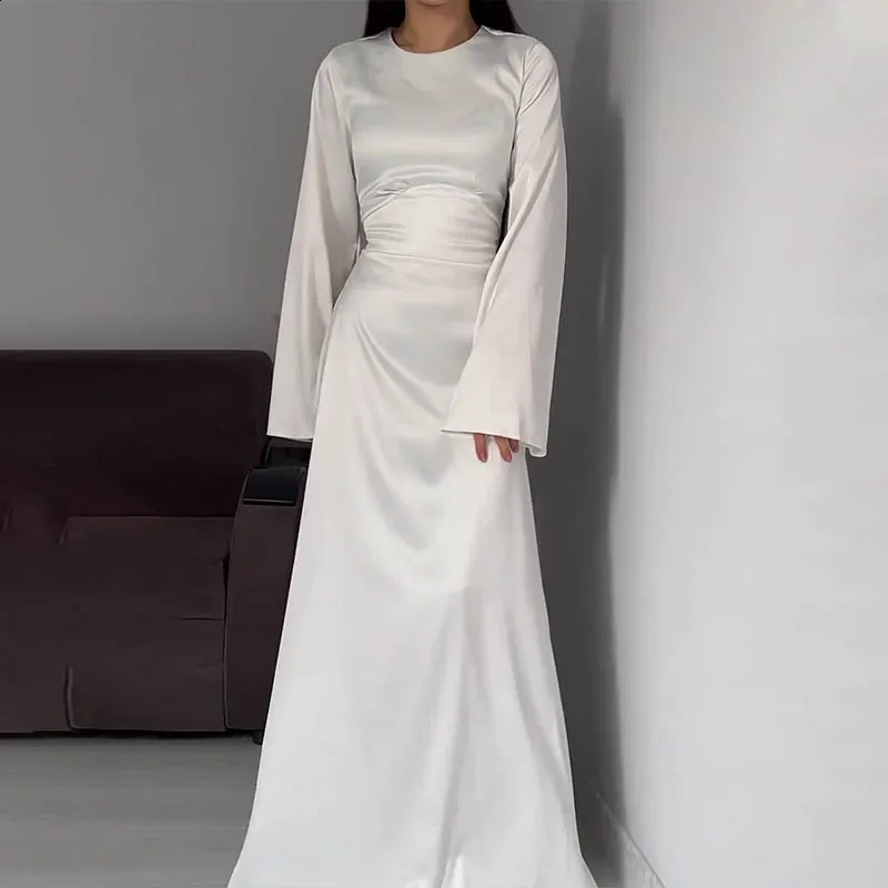Women Satin Long Dresses Sexy Lace Up Slim Evening Dresses Simple Round Neck Flare Sleeve Birthday Party Dresses For Women 240823