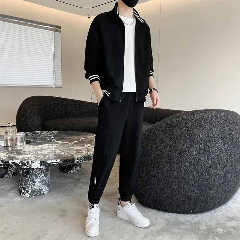Mens Standing Collar High-end Sweater Mens Set Spring and Autumn Loose Fitting Sports Casual Versatile Cardigan Mens Set 240819