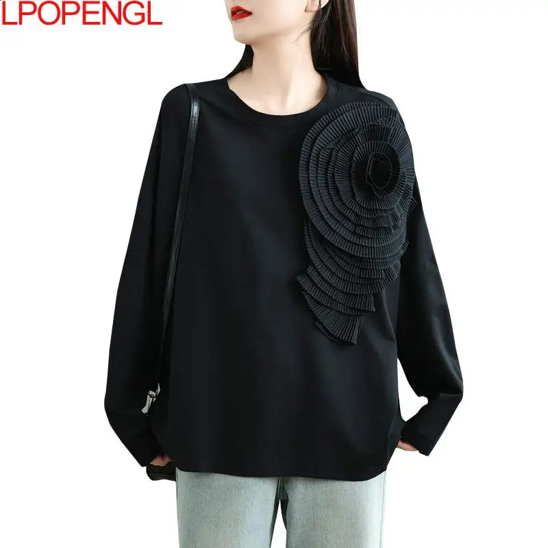 Womens solid color fashionable long sleeved Pullover autumn 3D loose casual retro sportswear 240819