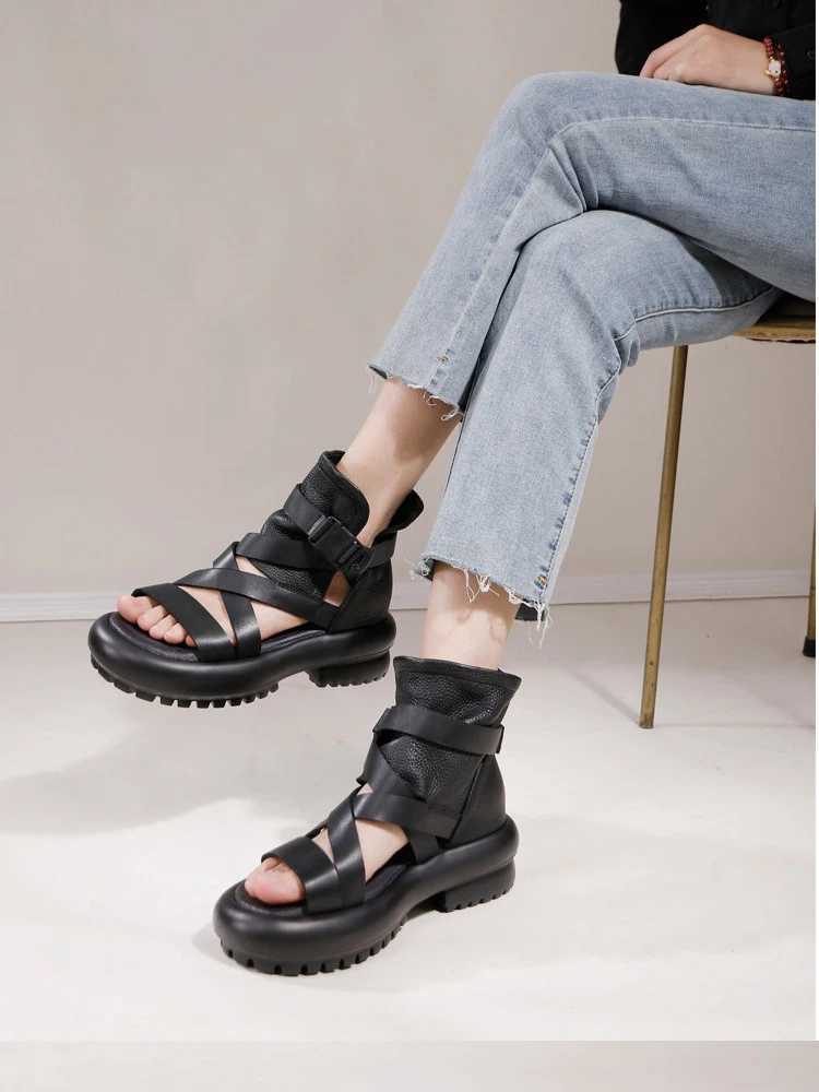 Birkuir Weave High Top Women Sandals Woven Open Toe Summer Boots 2024 Luxury Hollow Out Buckle Genuine Leather Thick Heel Shoes CL240806