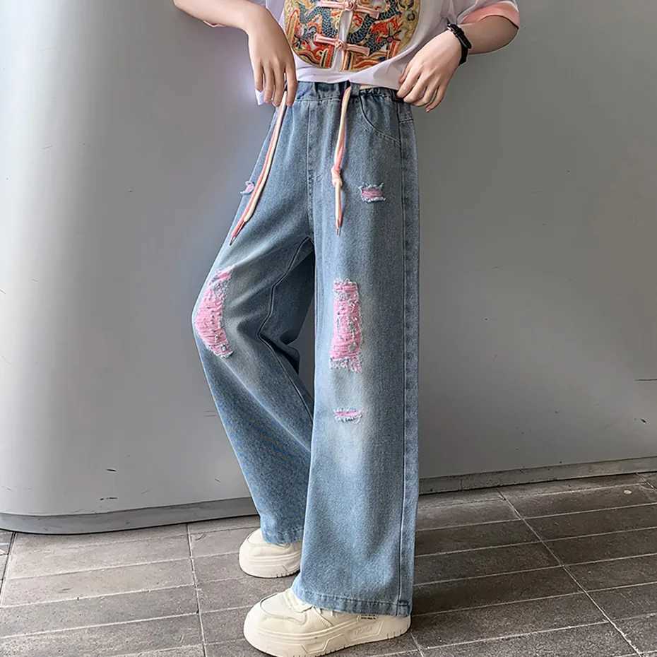 Girl torn jeans big hole jeans girl spring autumn jeans childrens casual style childrens clothing 6 8 10 12 14W240819