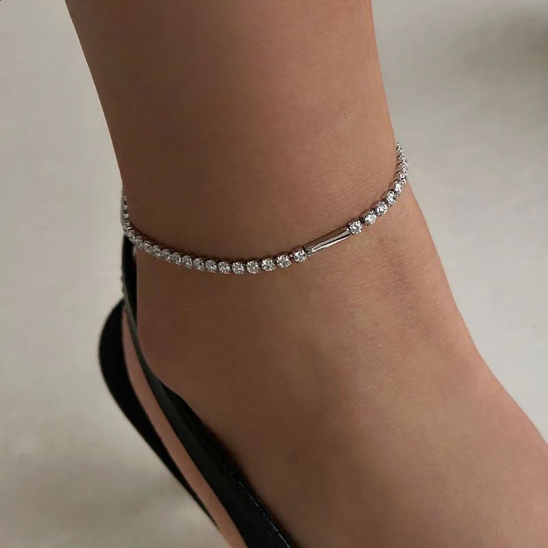 Womens Tennis Chain Ankle Stainless Steel Daily Minimum Gem Summer Exquisite Elegant Jewelry Collection 240812