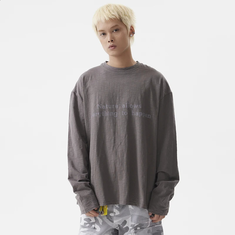 PFNW Male American Lazy Style Printed Letter T-shirt Street Vintage Round Neck Long Sleeve Loose Casual Mens Tops Chic 28W4416 240820