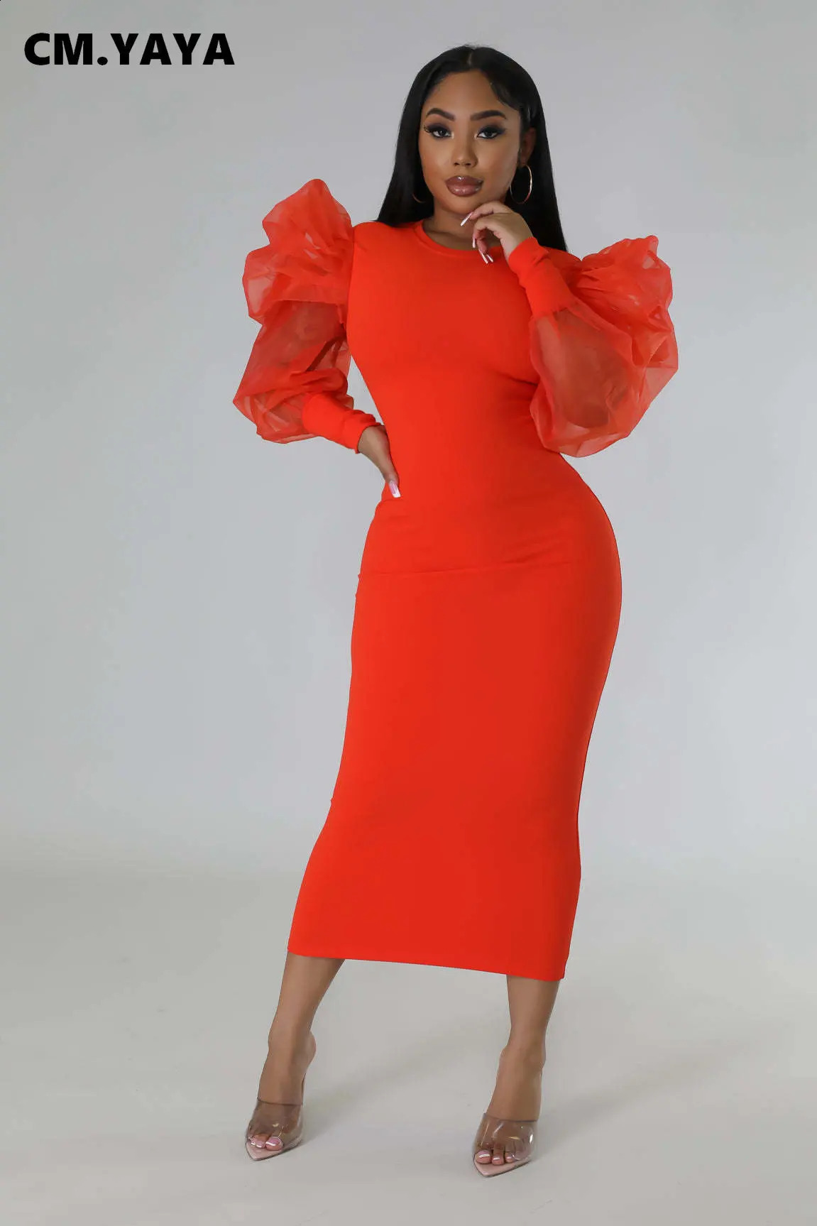 CM.YAYA Women Mesh Puff Long Sleeve O-neck Bodycon Midi Maxi Long Dress Vestidos Vintage Club Evening Sexy Party Dresses 240819