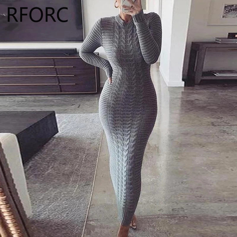 Women Solid Round Neck Long Sleeves Basic Maxi Knitting Skinny Dress 240819