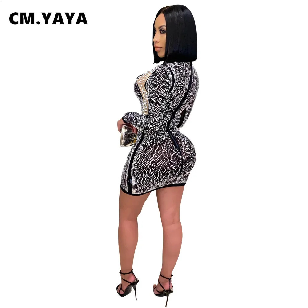 CM.YAYA Autumn Winter Sequins Beading Mesh Splicing Women Mini Dress Long Sleeve Bandage Bodycon Night Club Sexy Midi Dresses 240819