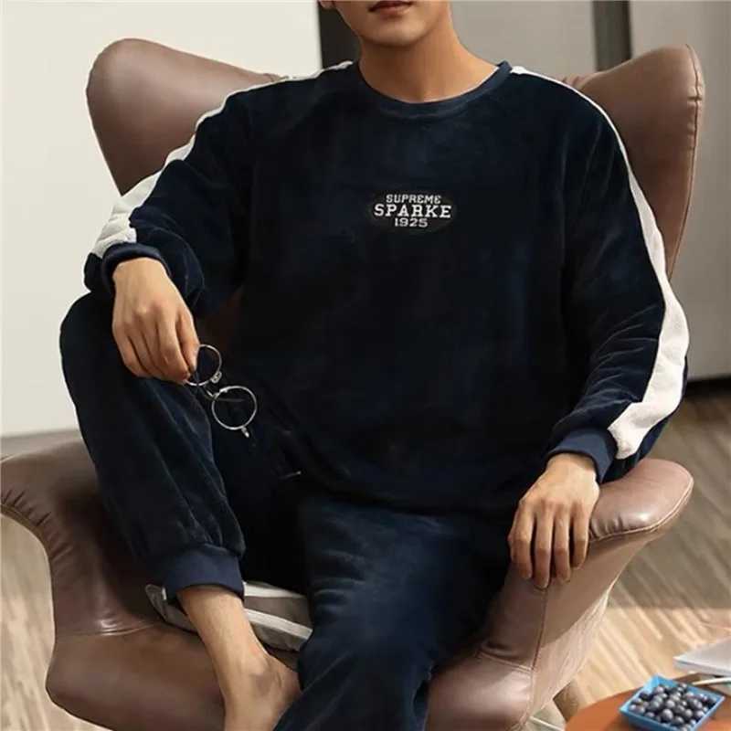 Winter mens wool casual long sleeved pajamas set coral velvet cute cartoon pajamas for couples plush thick warm pajamasW240719