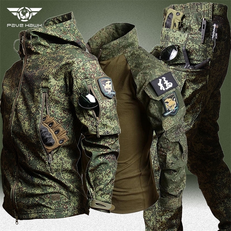 RU Camo Waterproof 3 Pcs Sets Men Winter Fleece Hooded JacketBreathable Long Sleeve TshirtsStraight Cargo Pant Soft Shell Suit 240819